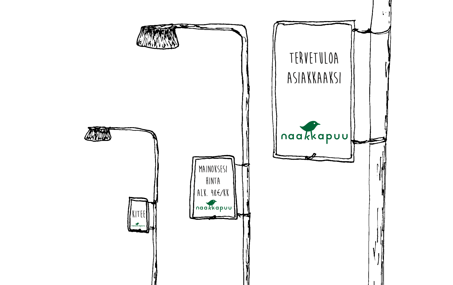 Piirroskuva valotolpista, joissa on mainoskehykset. Tolppia on kolme, joista ensimmäisessä on teksti: Tervetuloa asiakkaaksi. sekä Naakkapuun logo. Toisessa mainoksessa on mainospaikan vuokrahinta 48€/kk/tolppa sekä Naakkapuun logo. Kolmannessa mainoksessa lukee Kitee ja tekstin alapuolella on Naakkapuun logo.